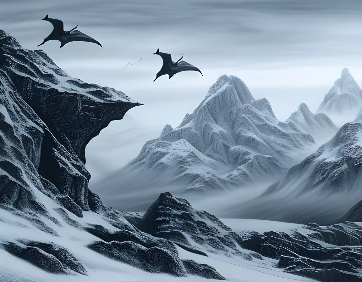 Dragons Over Snowy Wilderness: Charcoal Fantasy Art