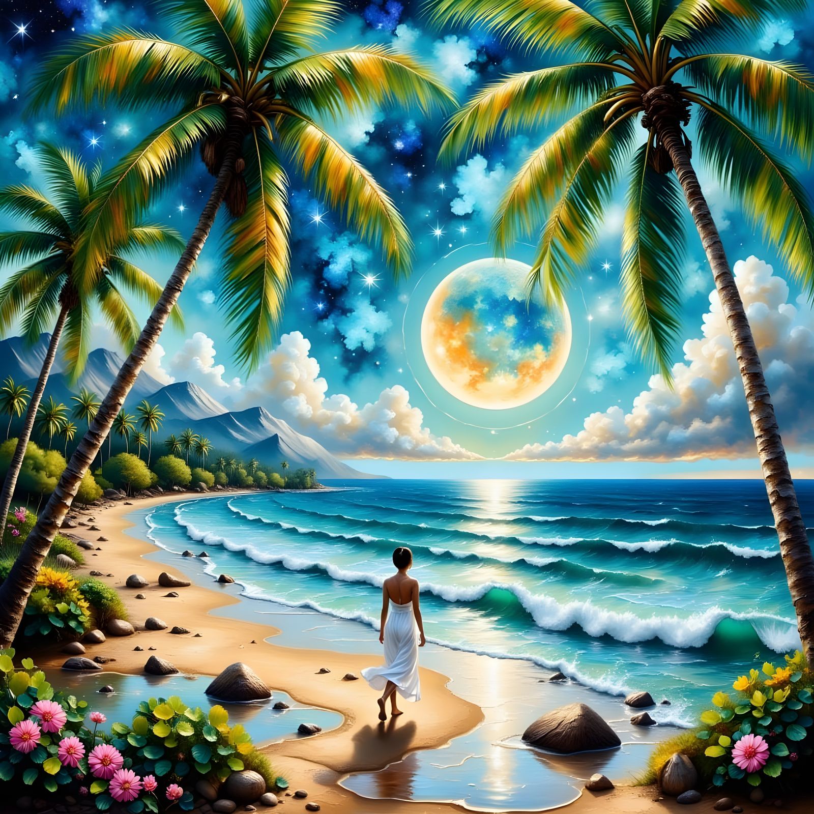 Surreal Neo-Impressionist New Moon in Pisces Over a Tropical...