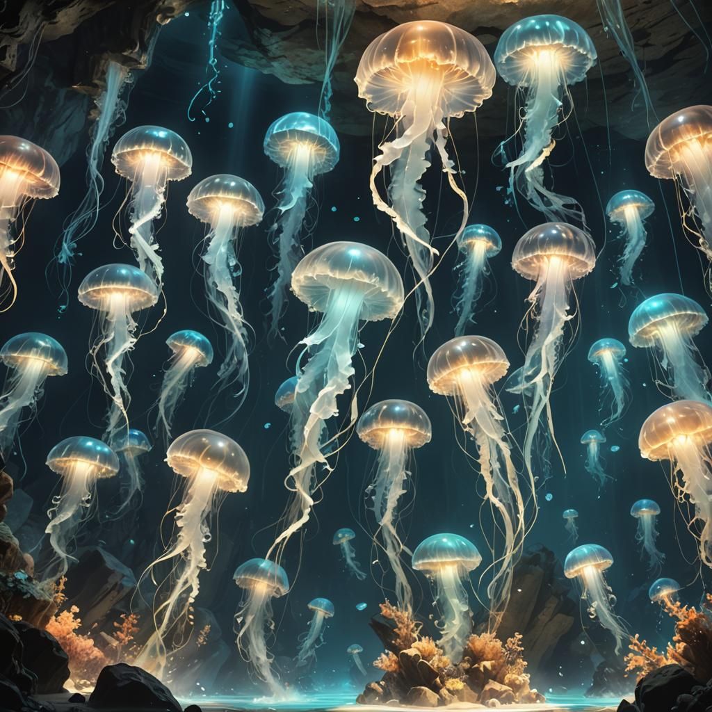 Bioluminescent Jellyfish in Crystalline Cave: 3D Anime Art