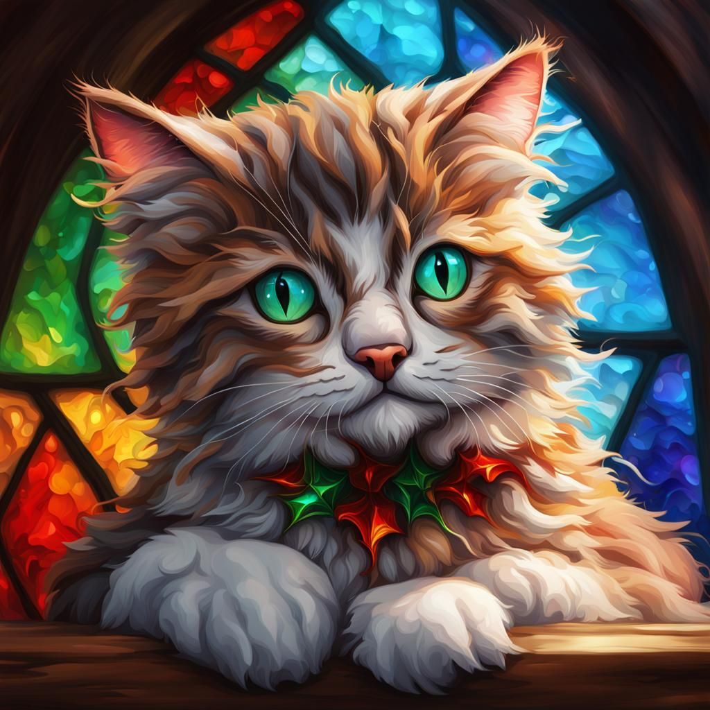 Stained Glass Christmas Kitten in Hyperrealistic Style