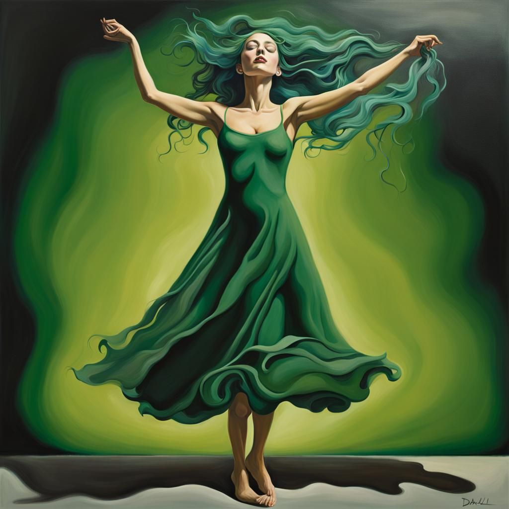 Surreal Green-Haired Woman Dancing in Oil