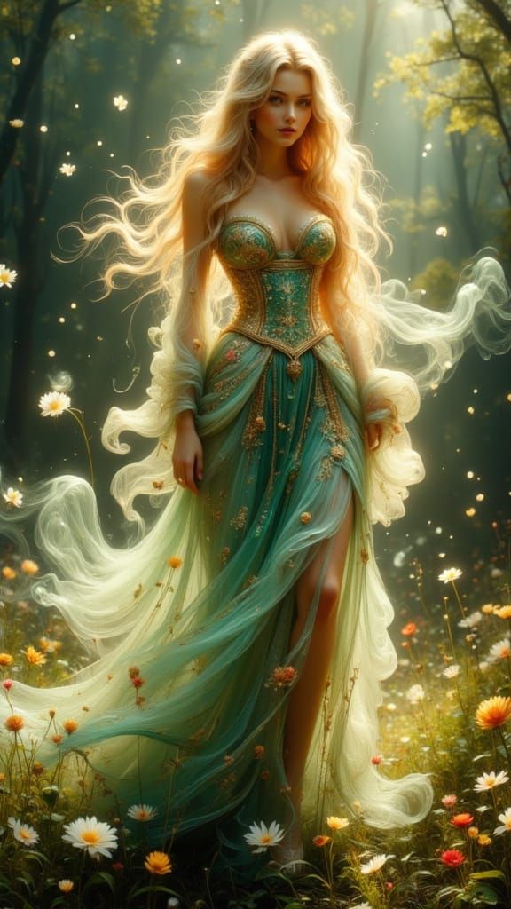 Enchantress in Verdant Forest with Golden Light