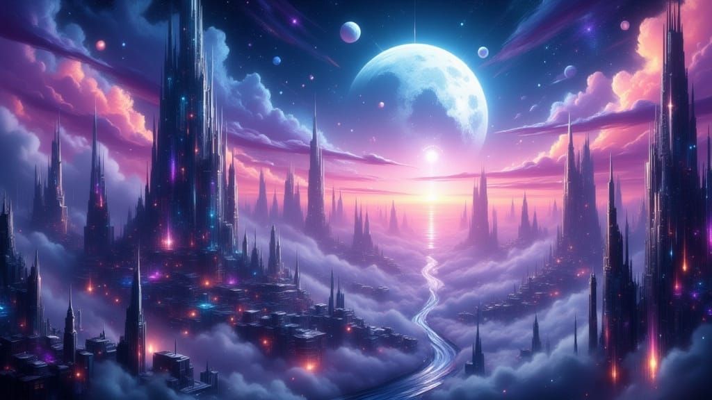 Futuristic Upside-Down Cityscape in Vaporwave Style