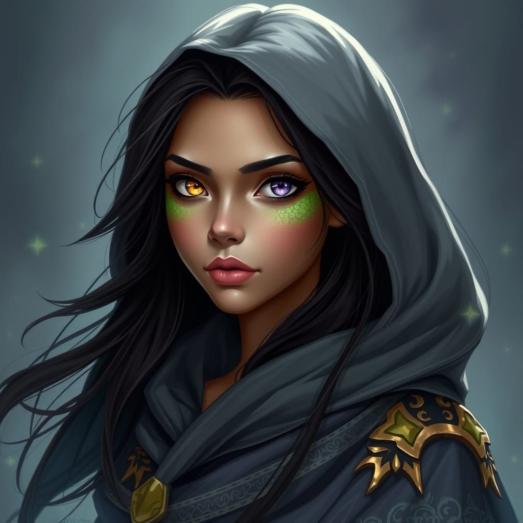 Mystical Latina Goddess with Shimmering Scales and Contrasti...