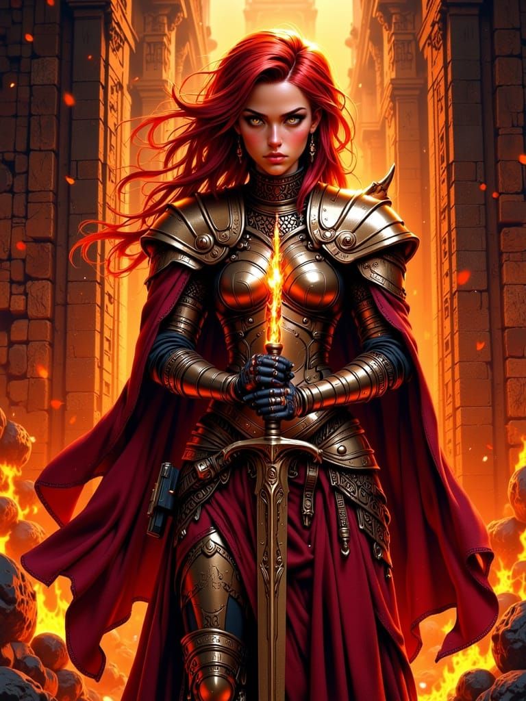 Flame-Haired Knight in Burning Citadel, Painterly Realism