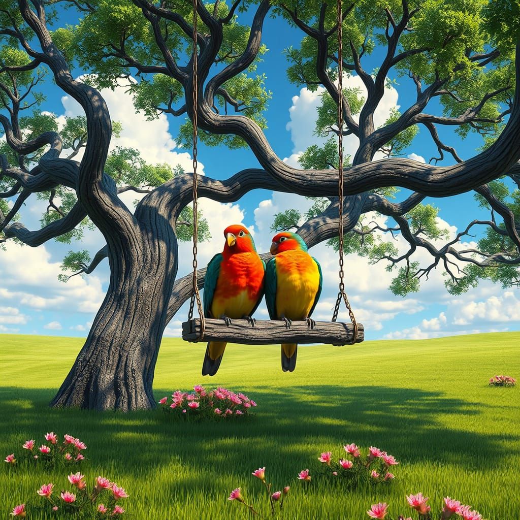 A large tree with a swing hanging from one of it's branches lush green field blue sky with billoughly white clouds 2 of ...