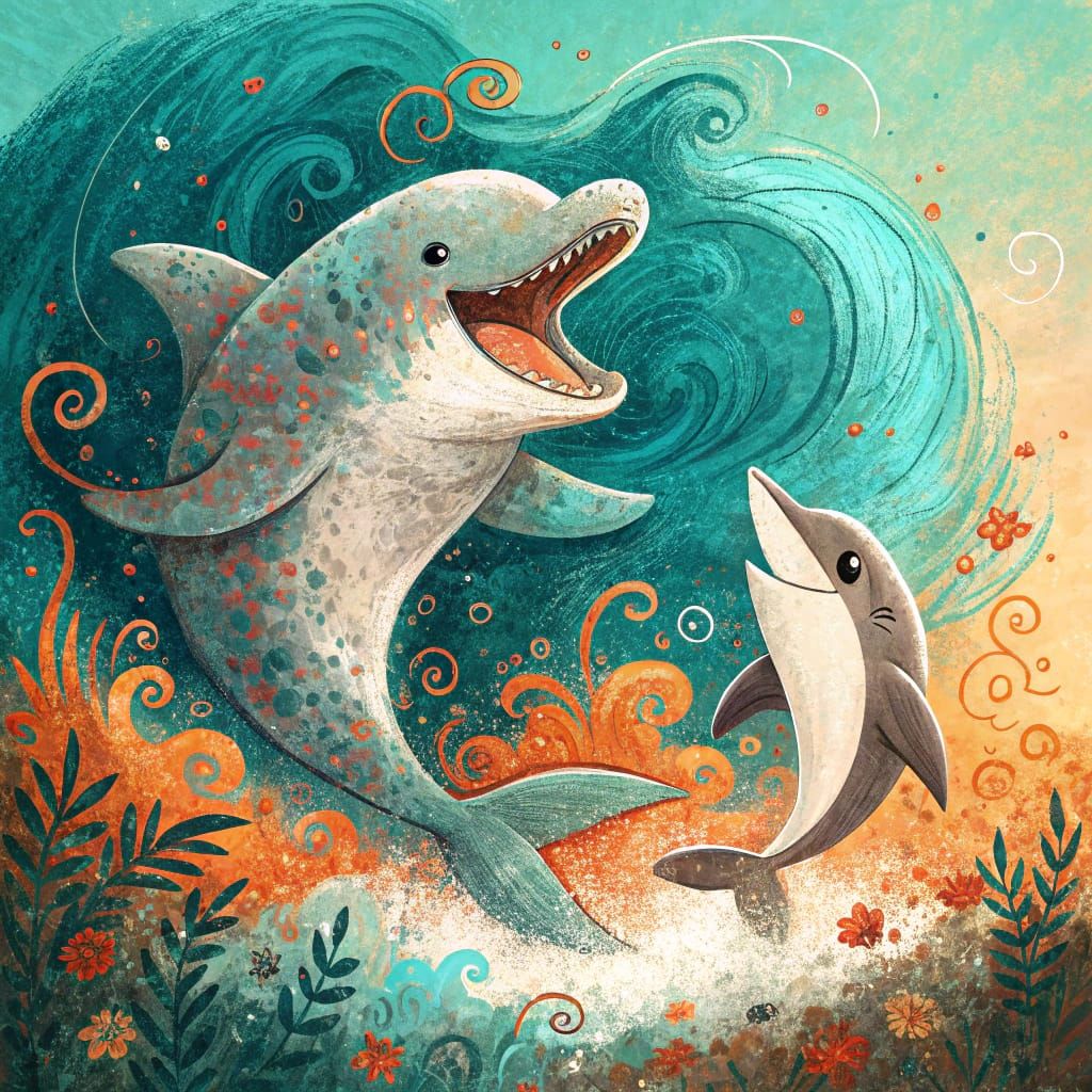 Joyful Dolphin and Shark Play in Abstract