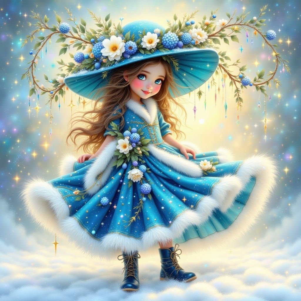 Magical Christmas Girl in Vibrant Watercolor and Acrylic Sty...