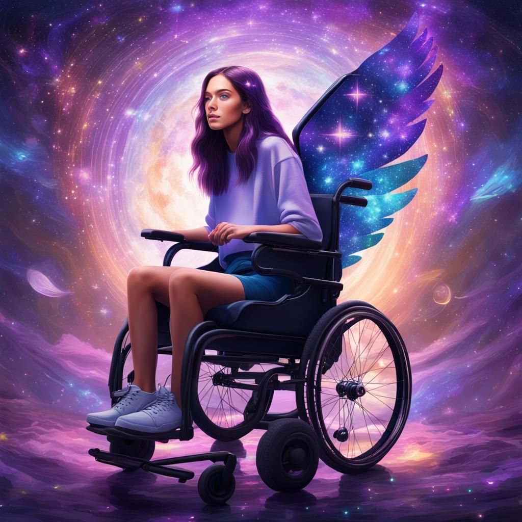 Cosmic Wheelchair with Winged Woman, Holographic Illustratio...