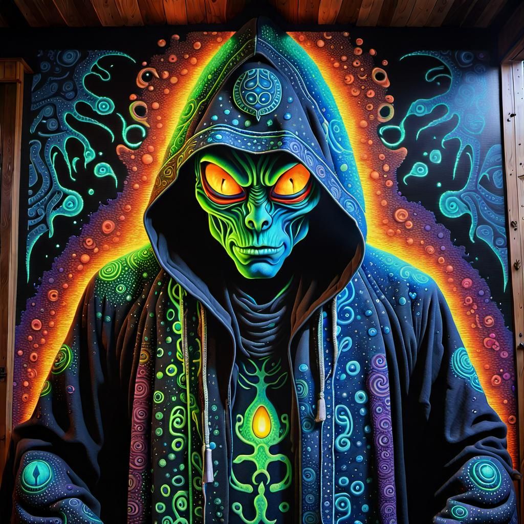 Noctilucent Alien Mural in Pointillism Style