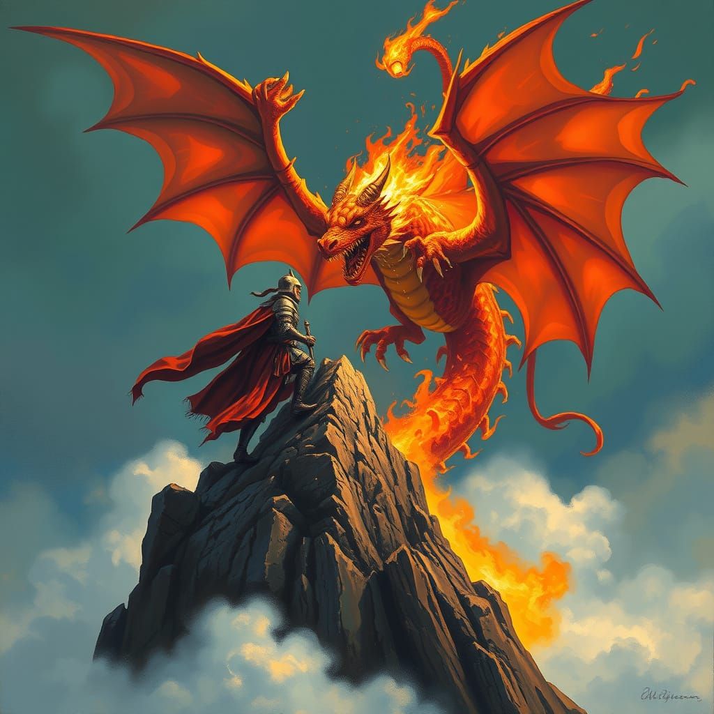 Knight and Dragon Battle on Mountain Top