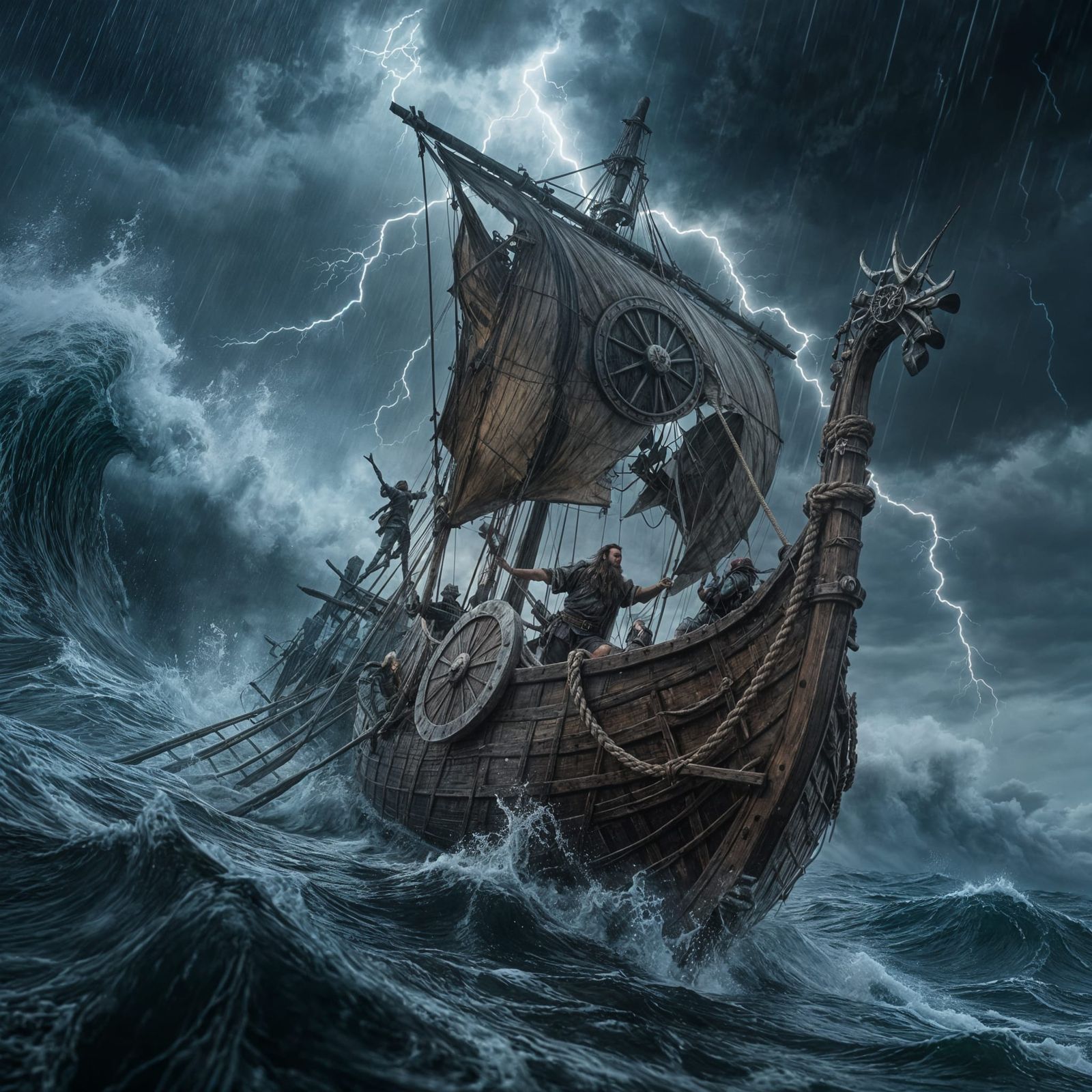 Viking Ship Battles Monstrous Storm in Hyper-Realistic Photo