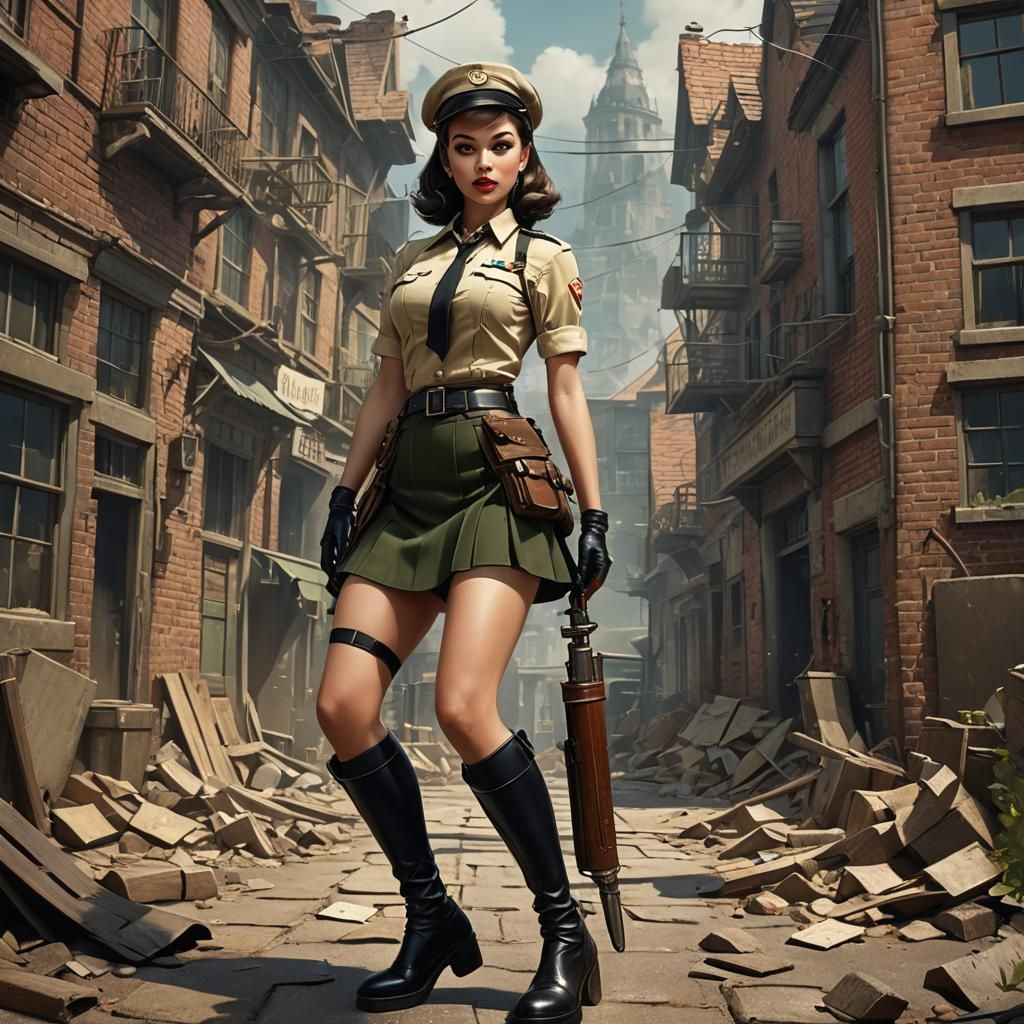 Pin-Up Girl in Khaki Uniform: Detailed Matte Painting