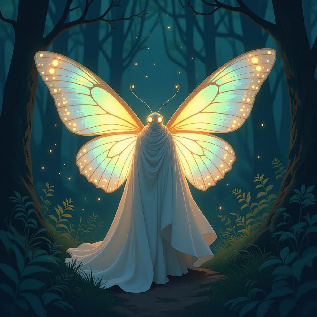 Luminous Moth Creature Emerges from Mystical Forest