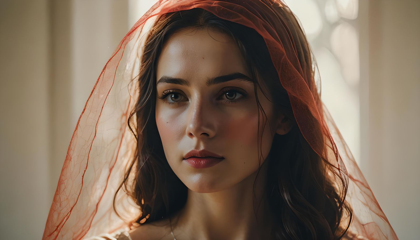 Veiled Woman in Red Glow: Cinematic Digital Art