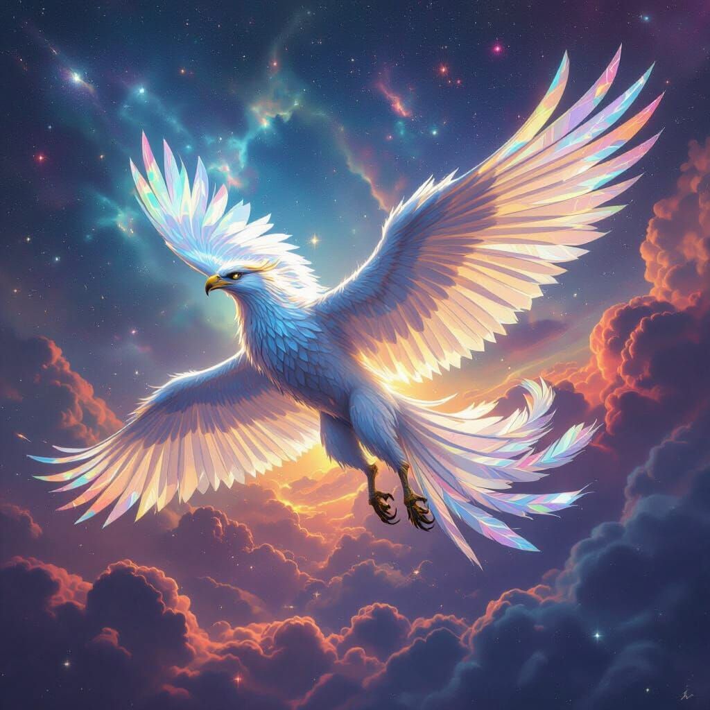 Griffin Soaring Through Nebula with Iridescent Feathers