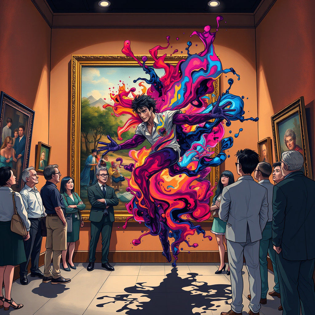 Ink Man Escapes Painting into Gallery