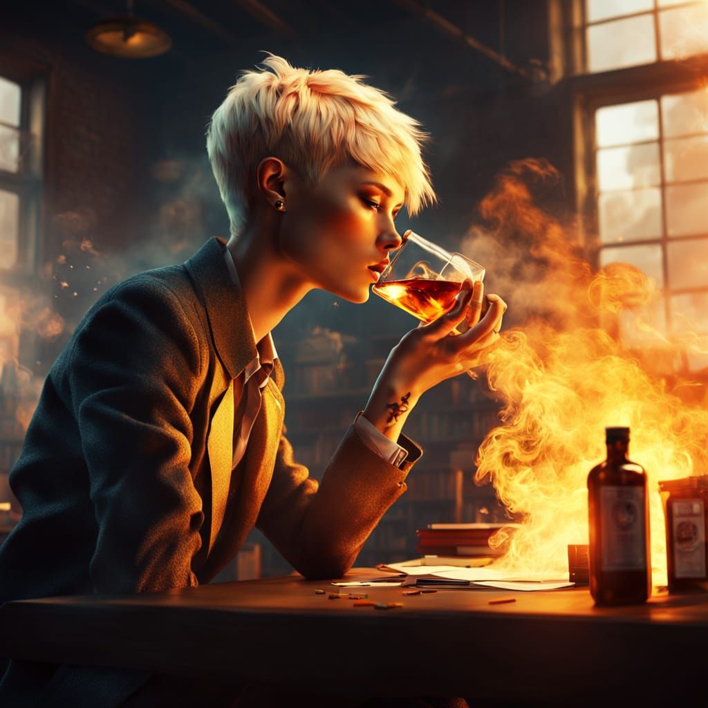 Whiskey Drinker in Classroom, Vibrant Digital Art