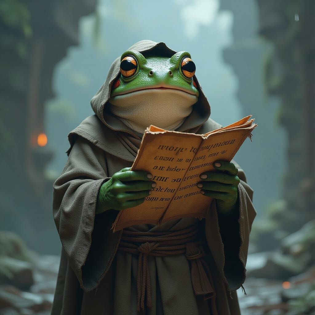 Stunned Frog Discovering Ancient Papyrus