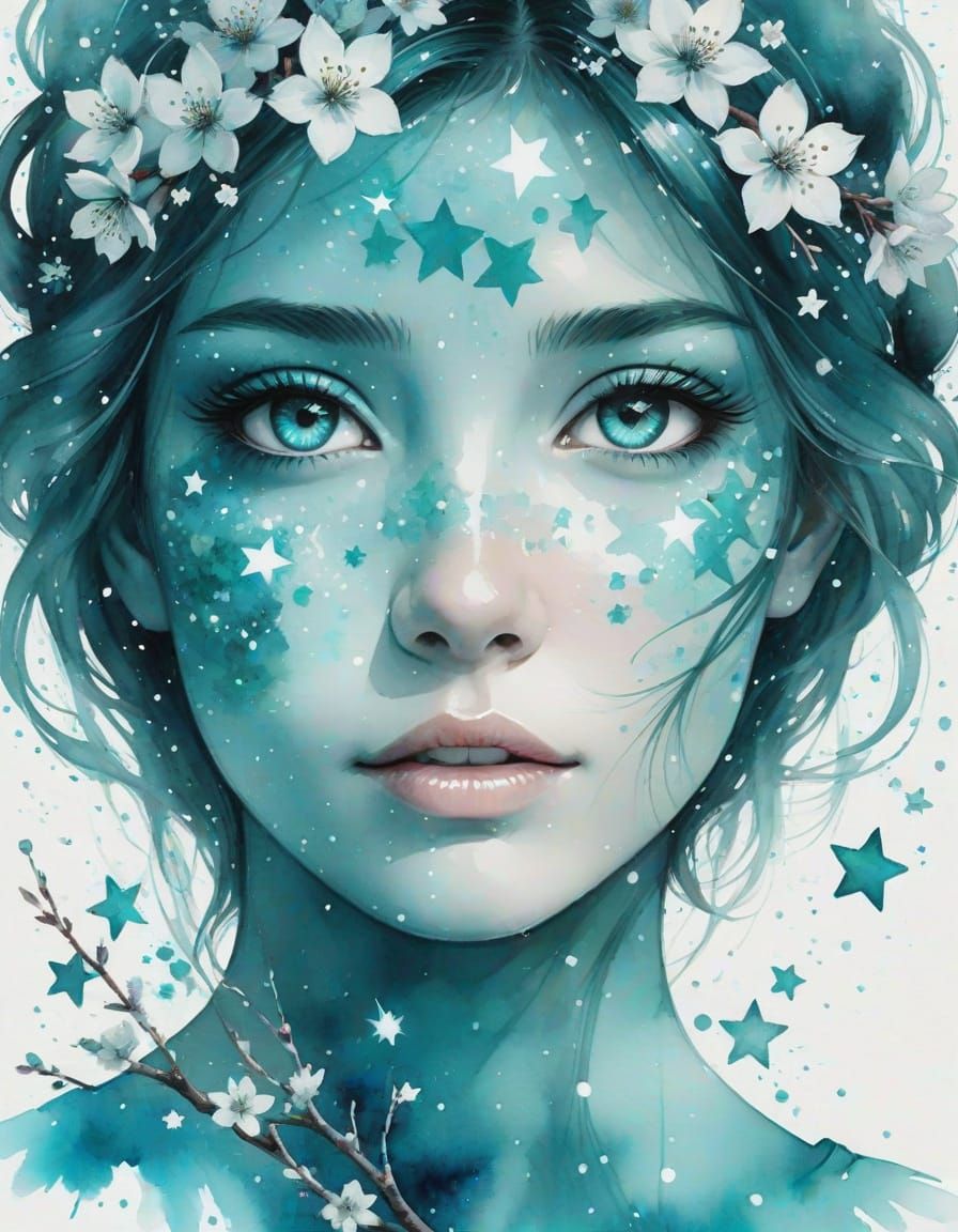 Monochromatic Watercolor Eye Surrounded by Stars