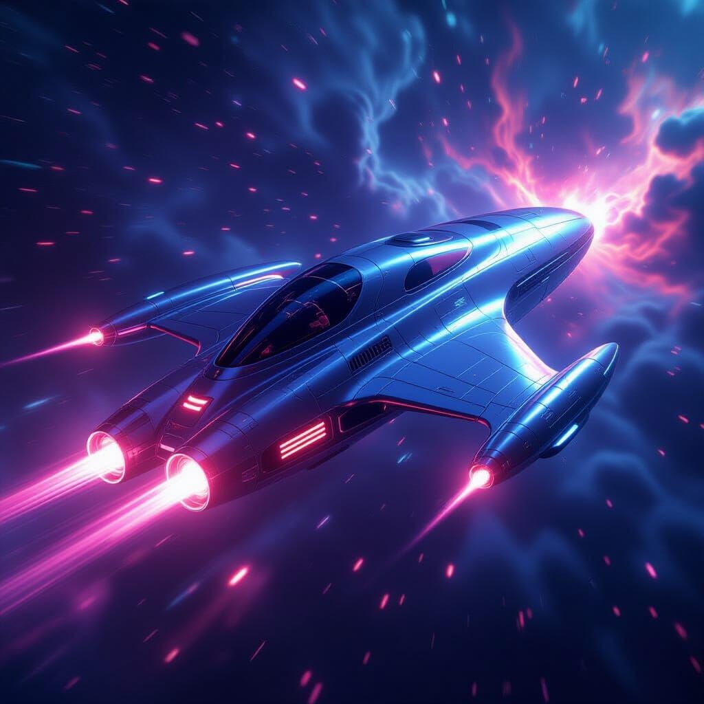 Chrome Spacecraft Soars Through Nebula with Neon Lights