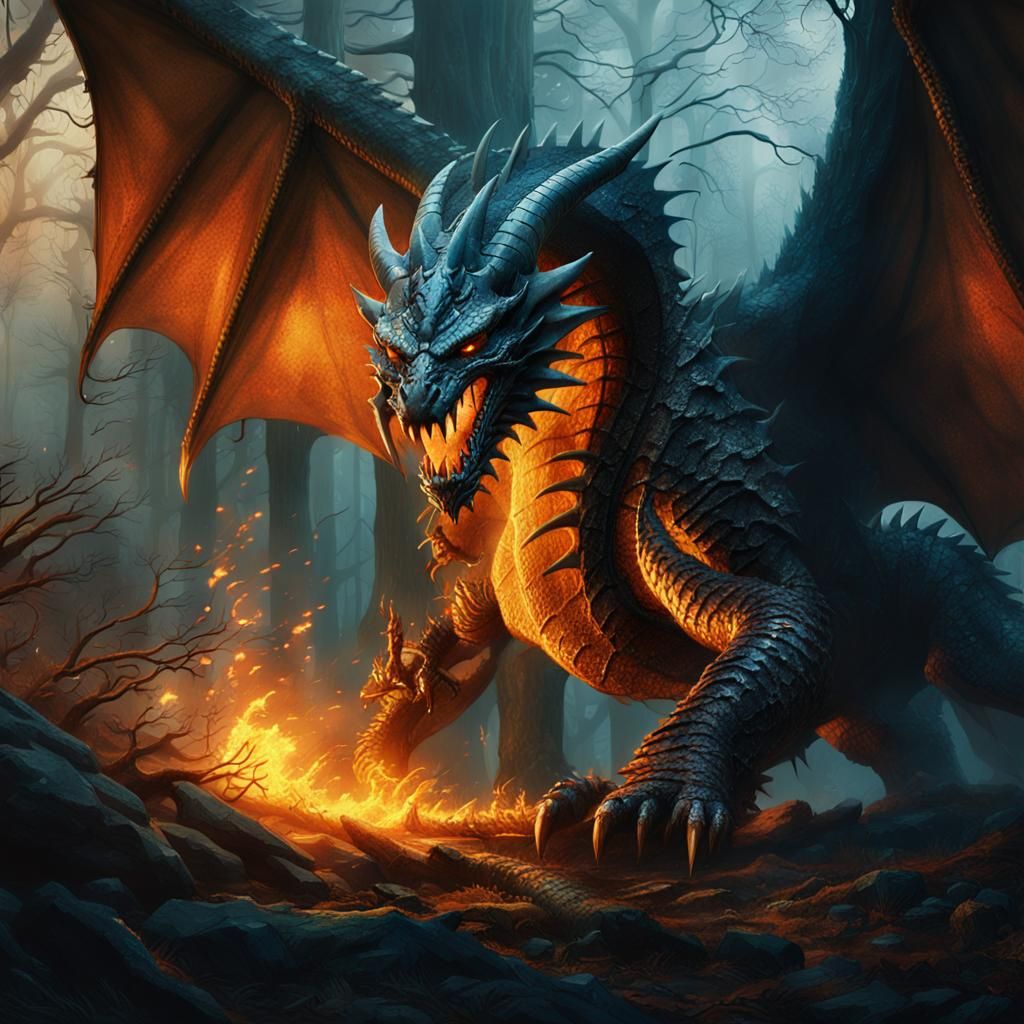 Dragon's Attack in Misty Forest: Fantasy Concept Art