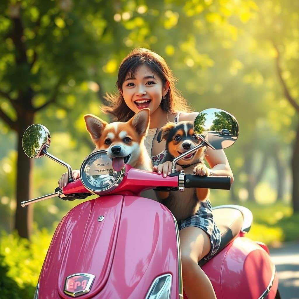 Girl and Puppy on Pink Vespa Scooter