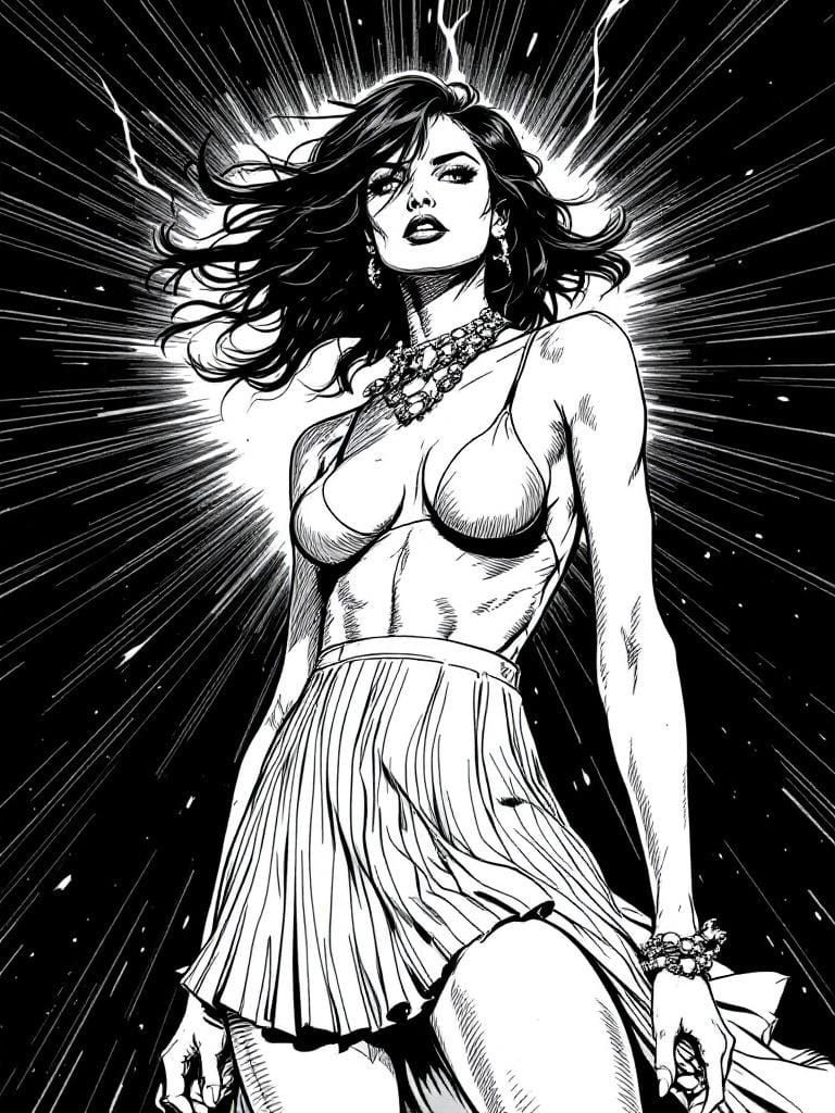 Confident Woman in Pleated Skirt, Comic Book Art
