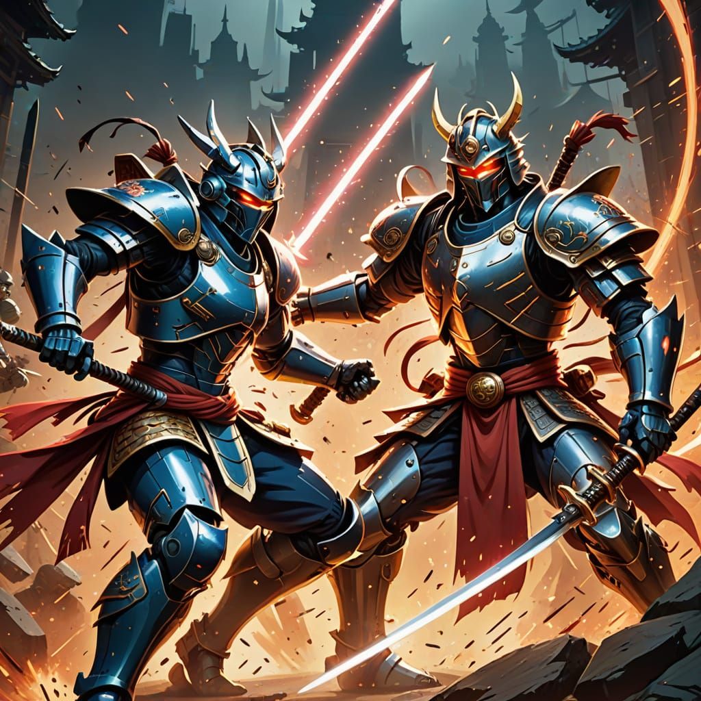 Robot Warrior Vs Samurai in Dynamic Anime Battle