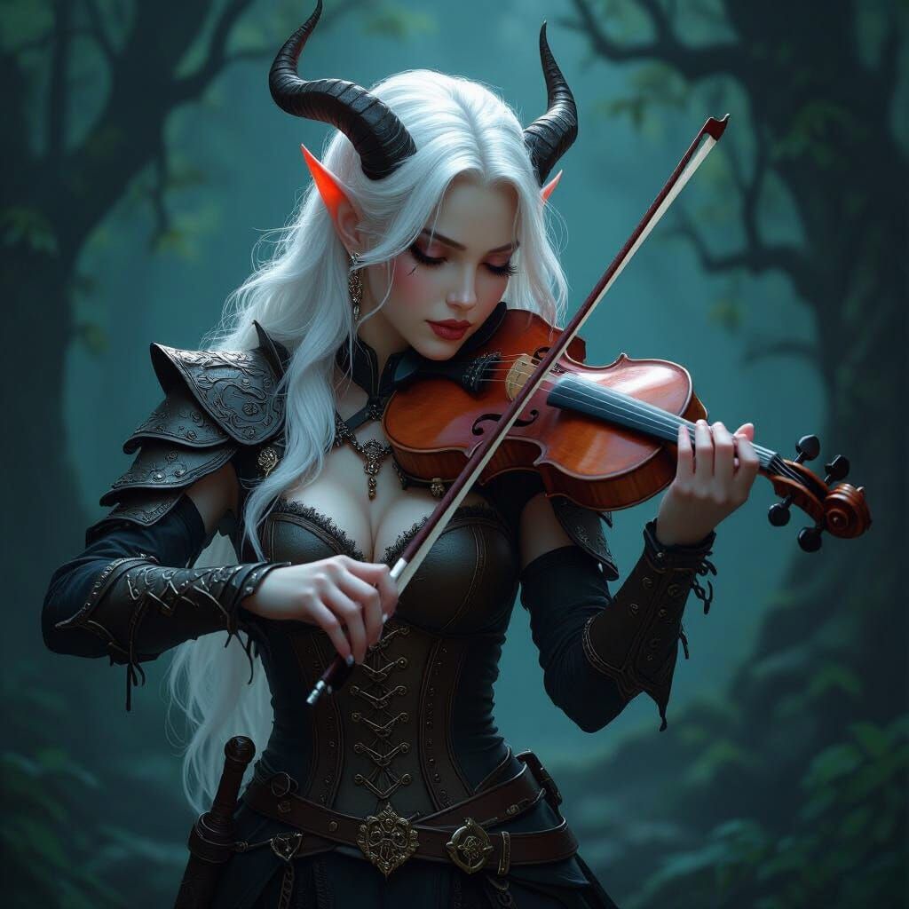 Tiefling Plays Violin in Mystical Forest