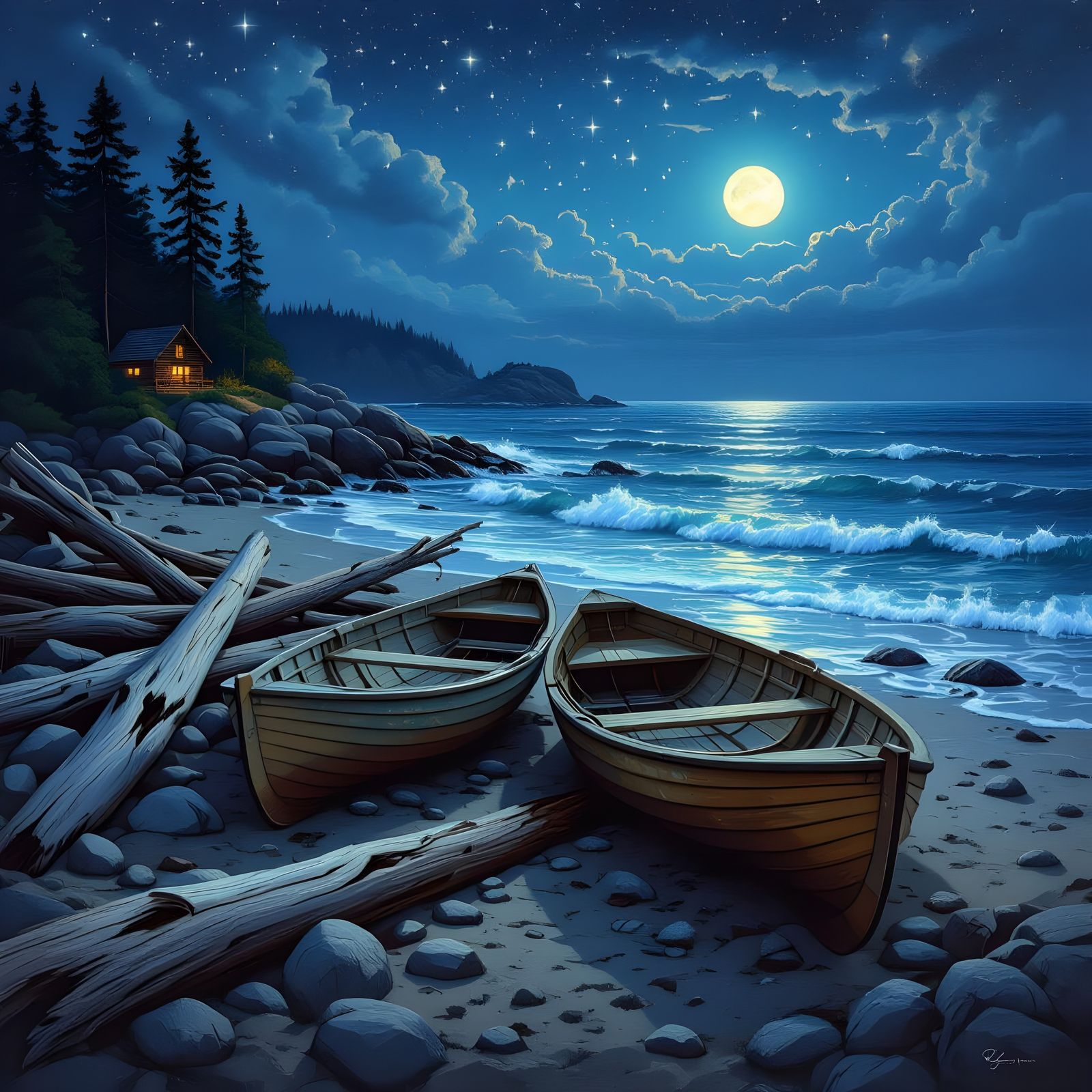 Bioluminescent Beach at Night: Oil Painting