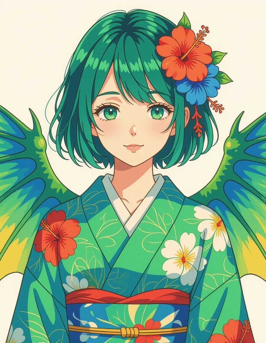 Anime Woman with Dragon Wings and Hibiscus Kimono