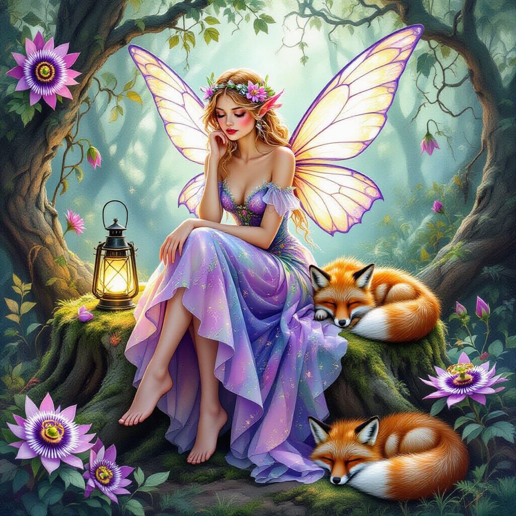 Watercolor Fairy with Sleeping Foxes in Fantasy Forest