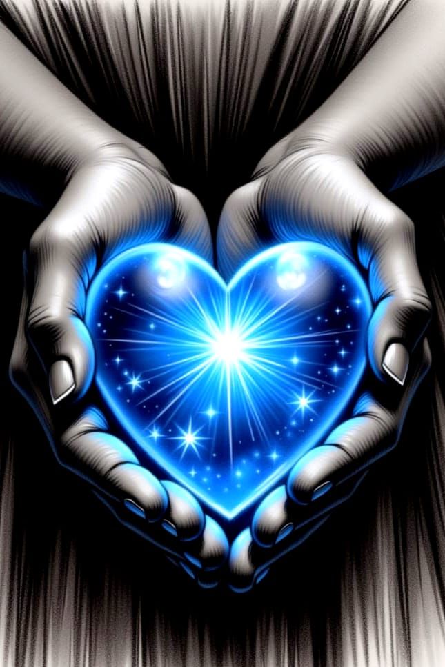 Dreamy Hands Hold Fractured Ceramic Heart in Nebula