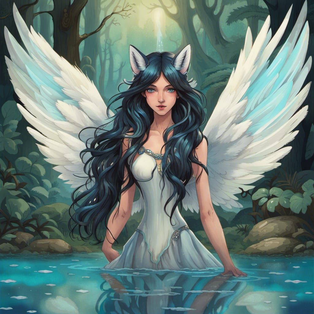 Winged Fox-Girl in Forest Clearing, Anime Style