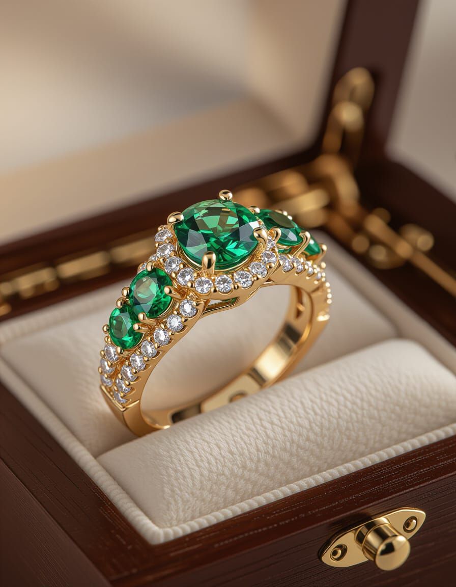 Exquisite Emerald and Diamond Wedding Ring in 3D Style