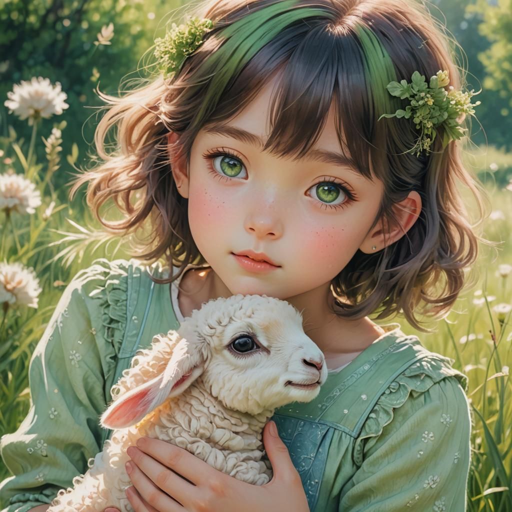 Anime Girl with Lamb in Pastel Meadow