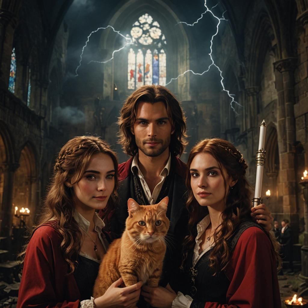 Magicians with Red Cat in Gothic Setting