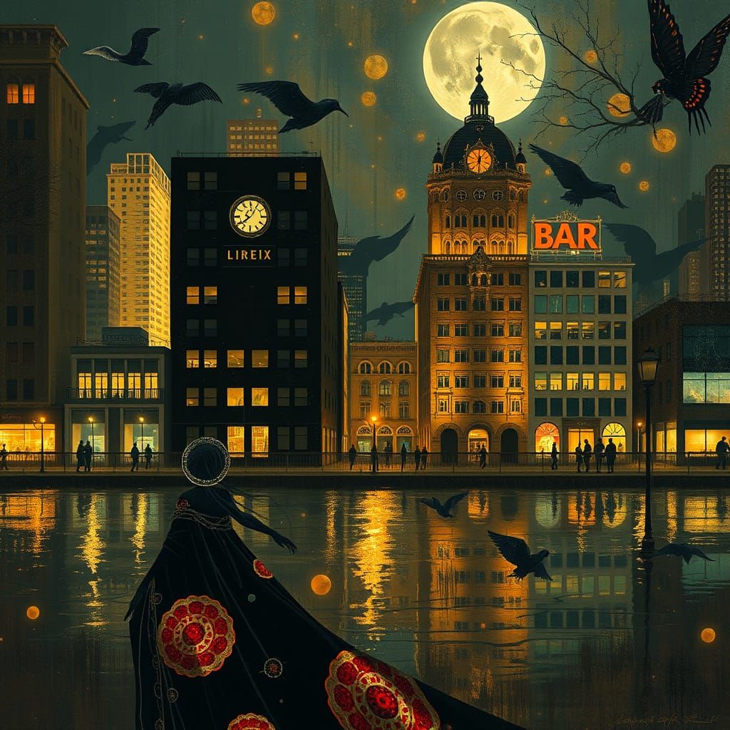 Eerie Beauty: Hyperreal Cityscape in Art Nouveau Style