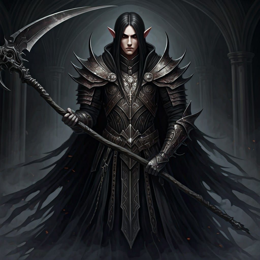 Dark Fantasy Shadow-Elf Cleric Wields Reaper's Scythe Amidst...