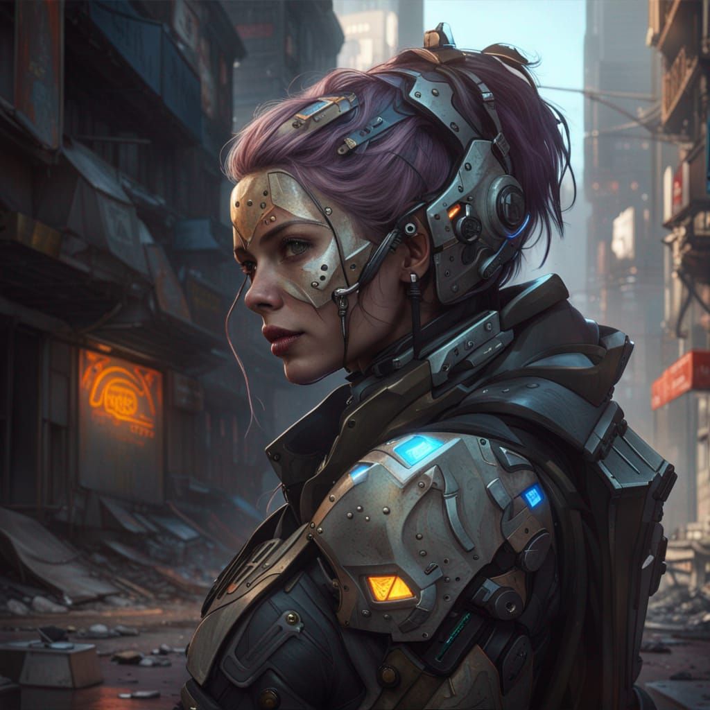 Female Cyborg Vigilante in Decaying Sci-Fi City