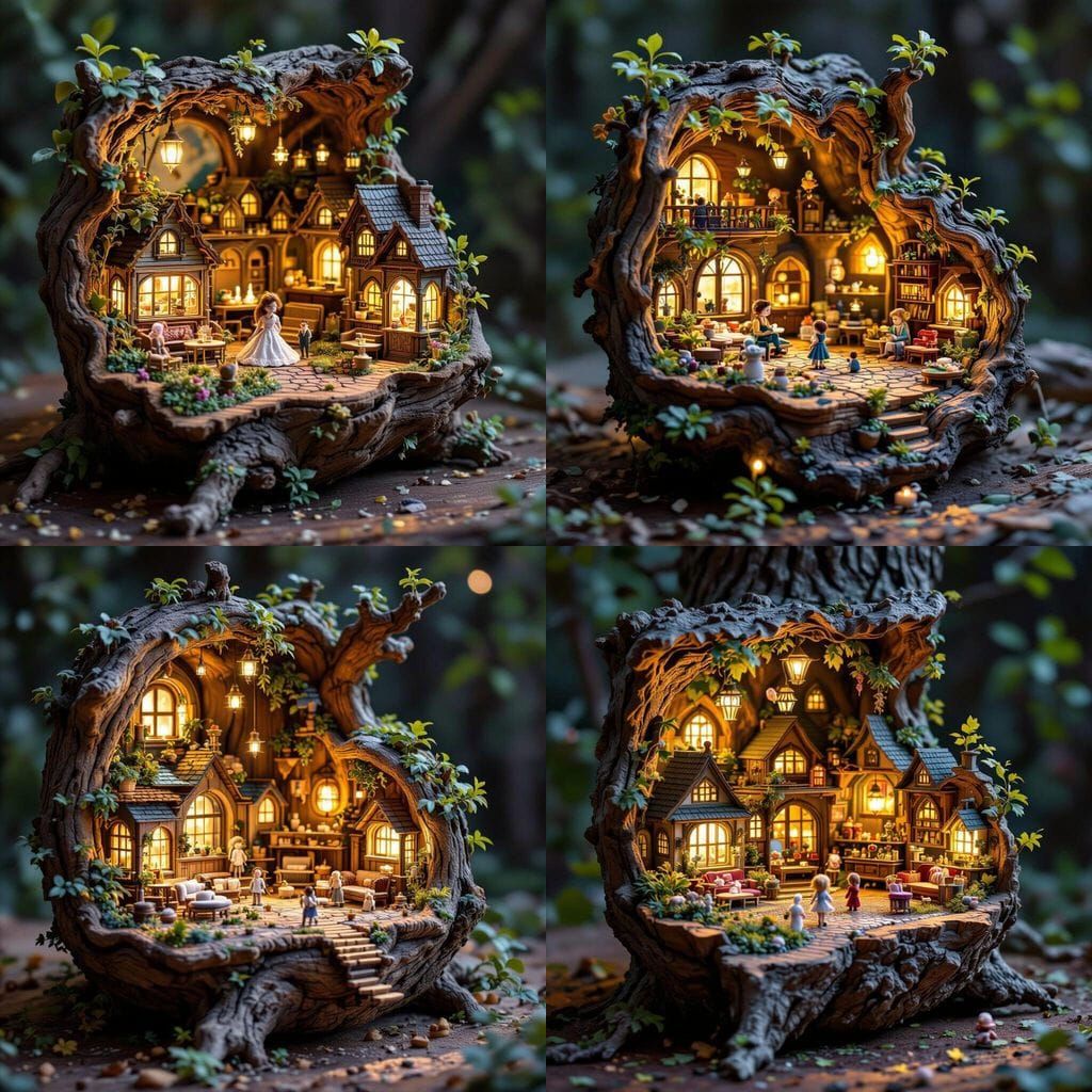 Whimsical Miniature World in a Tree with Soft Light