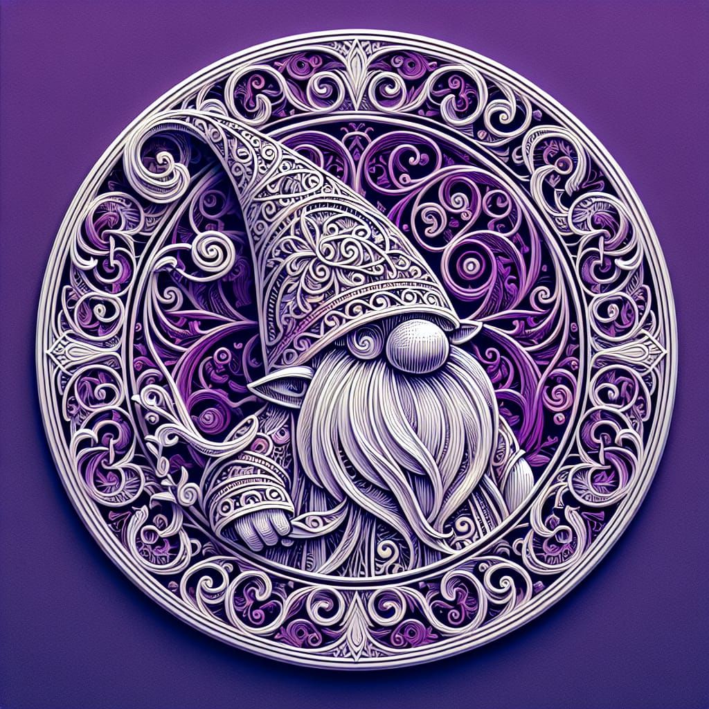 Filigree White Gnome Medallion on Purple