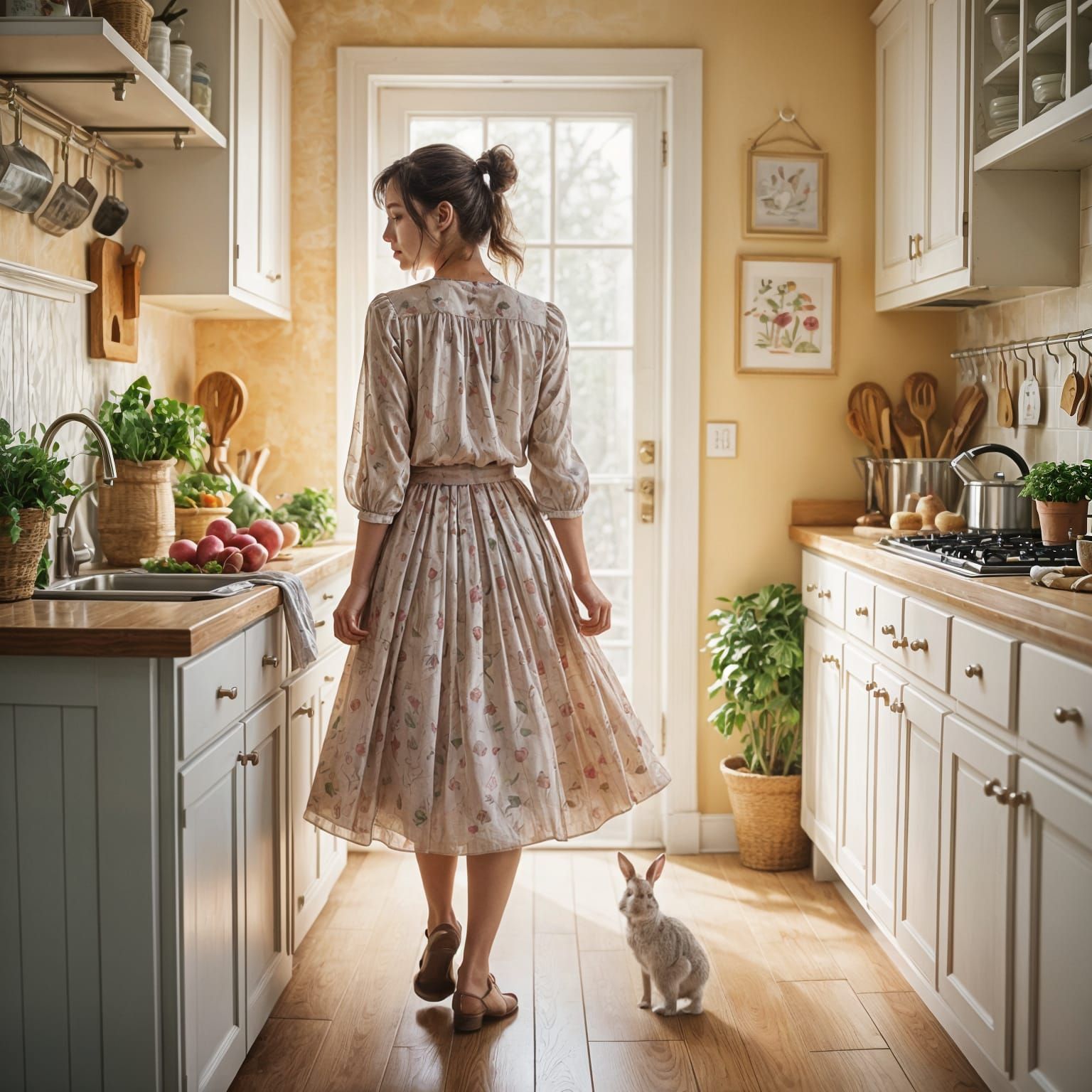 Woman in Kitchen with Rabbit Blouse