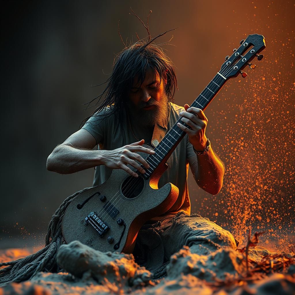 Musician Plays Mud Instrument in Hyperrealistic Style