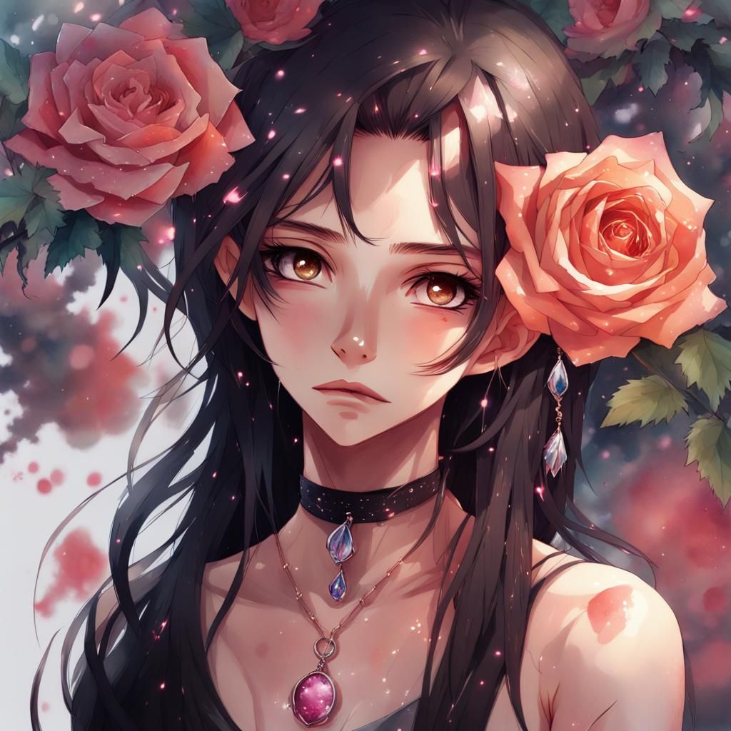 Sad Woman Portrait with Roses in Anime Style