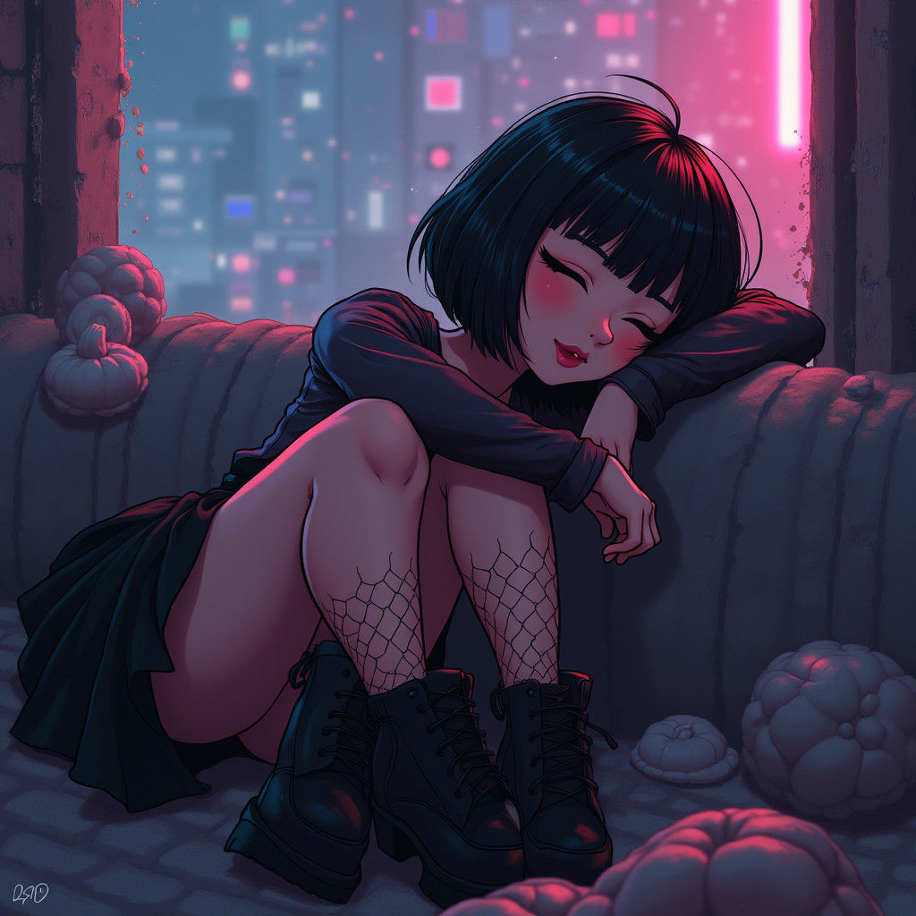 Cute Goth Girl with Bob Cut in Moody Lighting