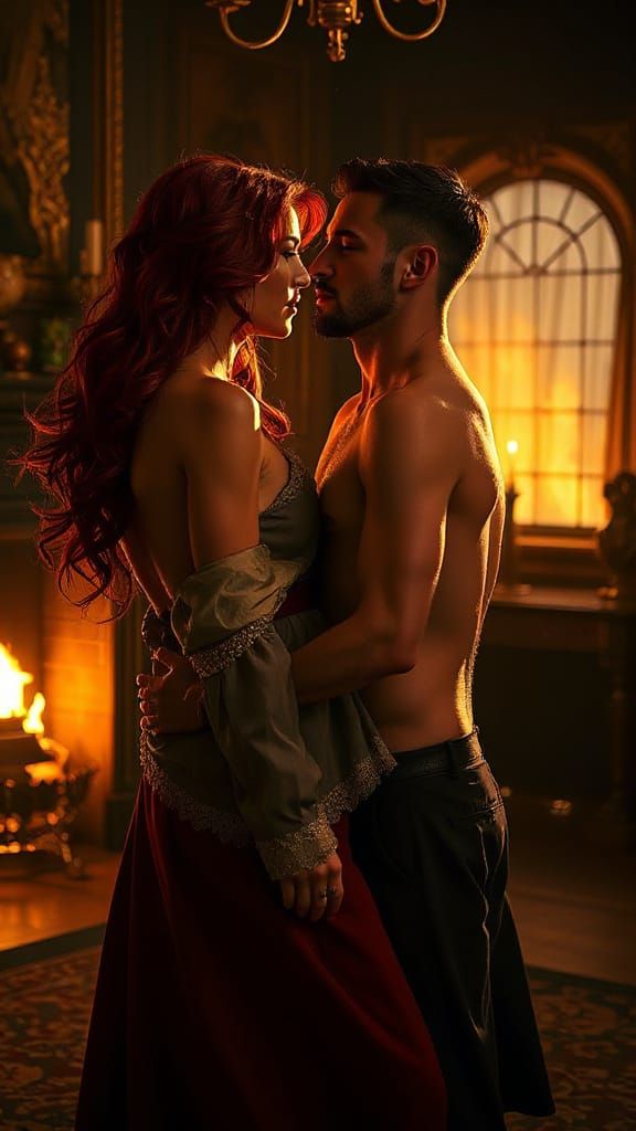 Passionate Embrace in Opulent Room, Cinematic Digital Art