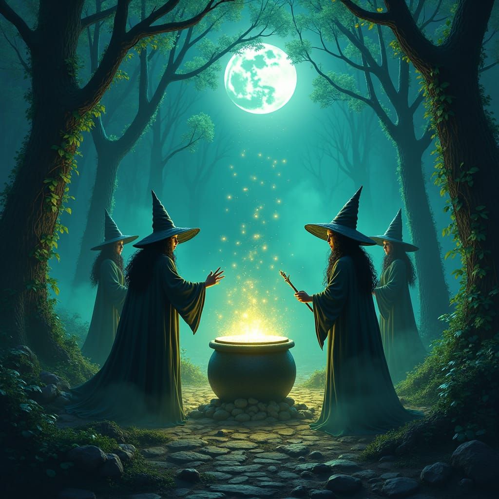 Mystical Witches Gathering in Moonlit Forest