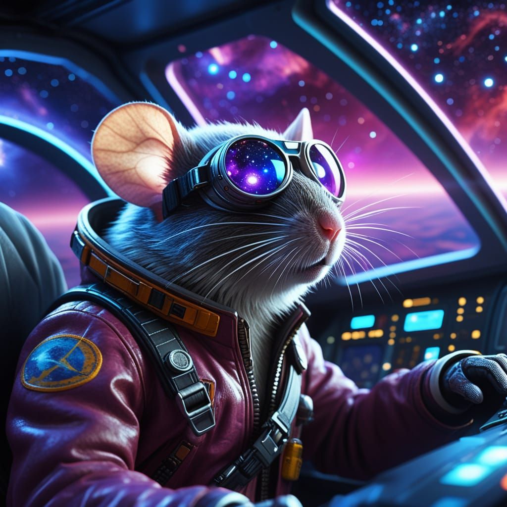 Mouse in Cyberpunk Spacecraft, Blazing Through Nebula
